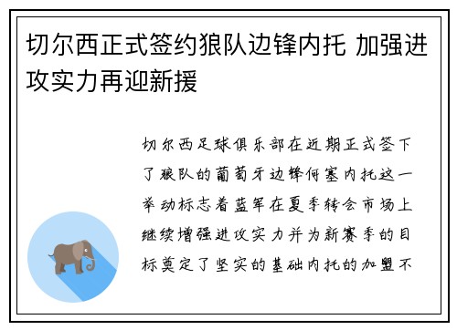 切尔西正式签约狼队边锋内托 加强进攻实力再迎新援 切尔西正式签约狼队边锋内托 加强进攻实力再迎新援